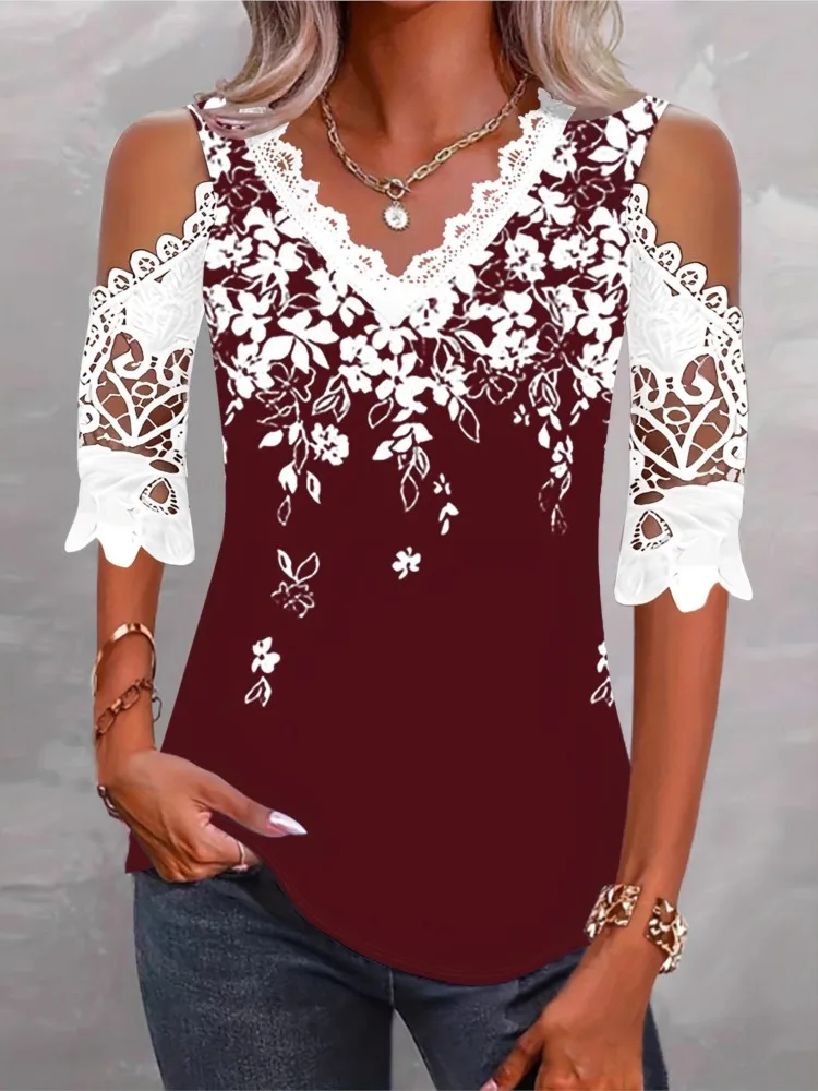 Lace Hook Flower Hollow T Shirt Lady Fashion Print Short Sleeve Off Shoulder V Neck Tshirts Tops For Women Casual Holiday Boho