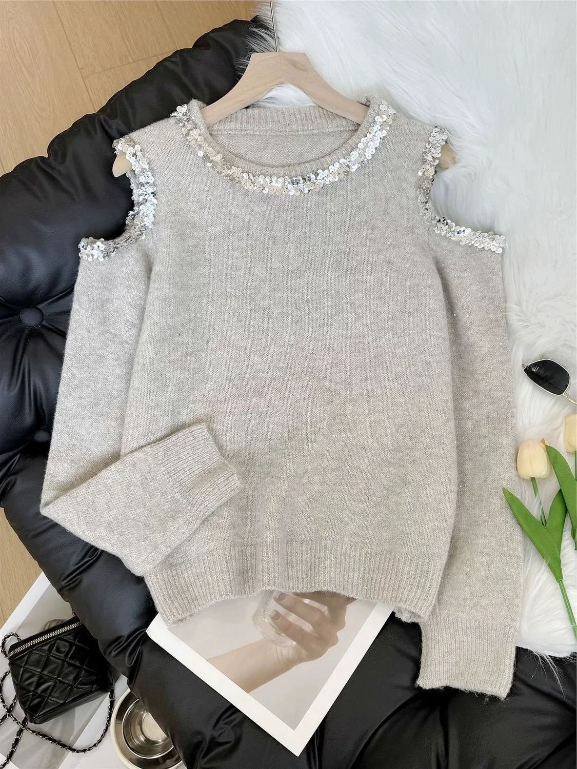 Suéter F de Manga Longa com Lantejoulas, Design Doce e Picante, Tamanho ande, Outono Inverno, Plus Size, E e ...