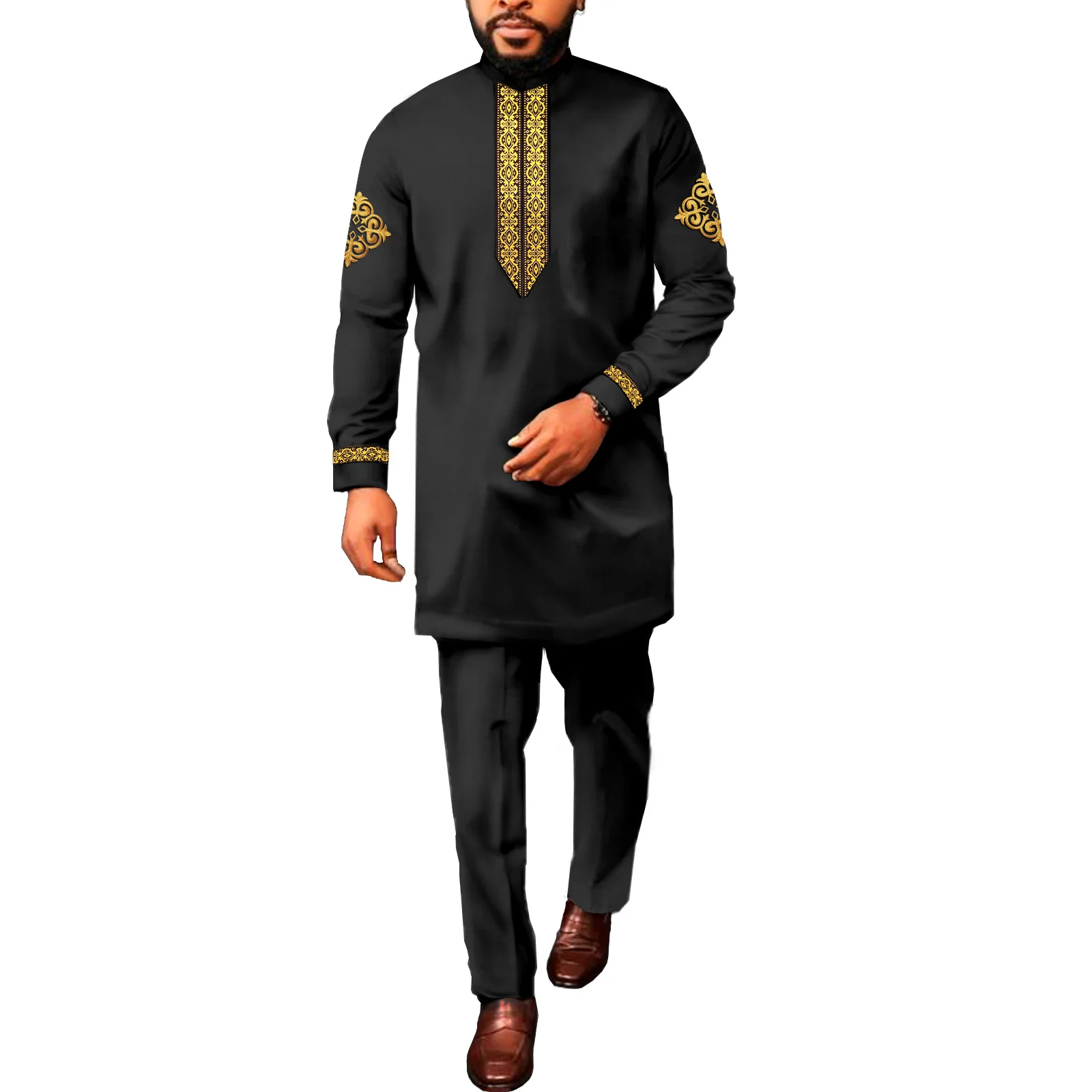 

African Men Suits 2 Piece Shirt Pants Fashion Long Sleeve Dashiki Casual Tribal Attire