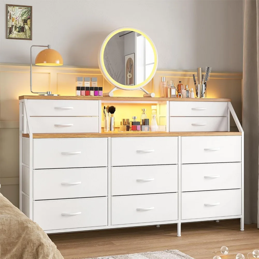 55”W White Bedroom Dresser with 13 Large Drawers and 2 Shelves