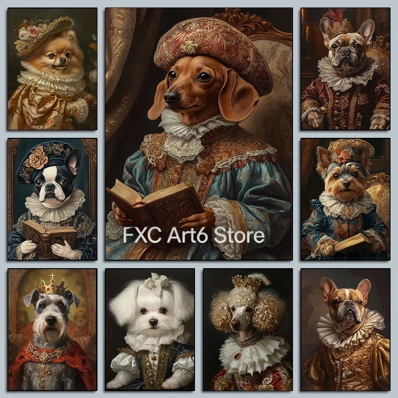 1PCS frameless Interesting Gorgeous Dog Holding Book Reading Poster Aclassical Pet Artwork Prints Canvas Painting Wall Pictures