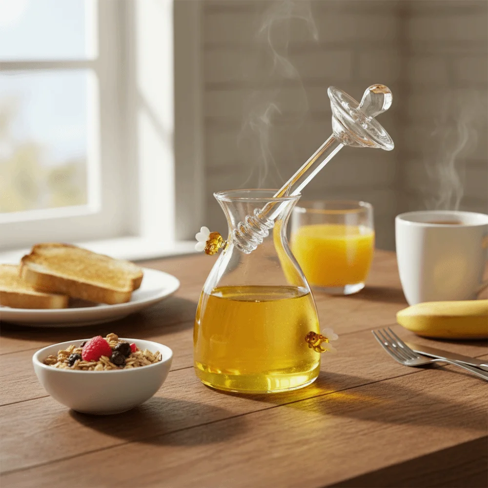 

Creative Large Capacity Glass Honey Jar Three-dimensional Bee Clear Honey Container With Dipper Rod Syrup Jar Dining Table