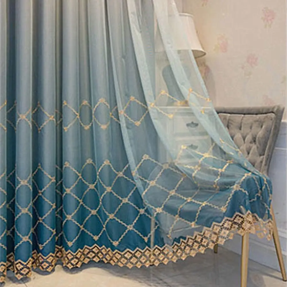 1 Panel 140cm Width Double Layer Geometric Curtain for Living Room Gradient Diamond Pattern Embroidered Curtain for Bedroom