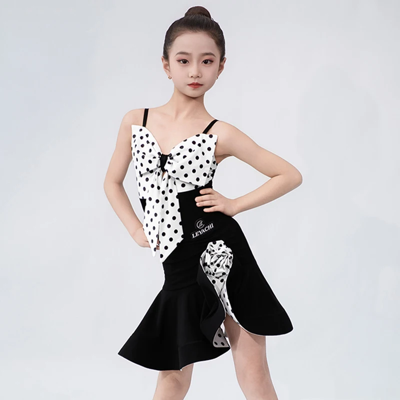 

Костюм для латинских танцев в горошек для девочек, черно-белый, для выступлений, детская сценическая одежда для латины, комплект для тренировок AMY3489