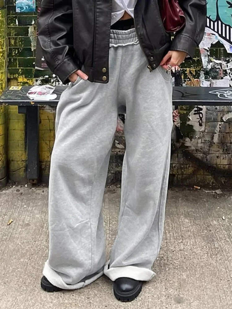 هوتشو عادية فضفاض رمادي Sweatpants النساء خمر Harajuku الهيب هوب السراويل الرياضية الشارع الشهير مستقيم الكورية موضة السراويل الصلبة