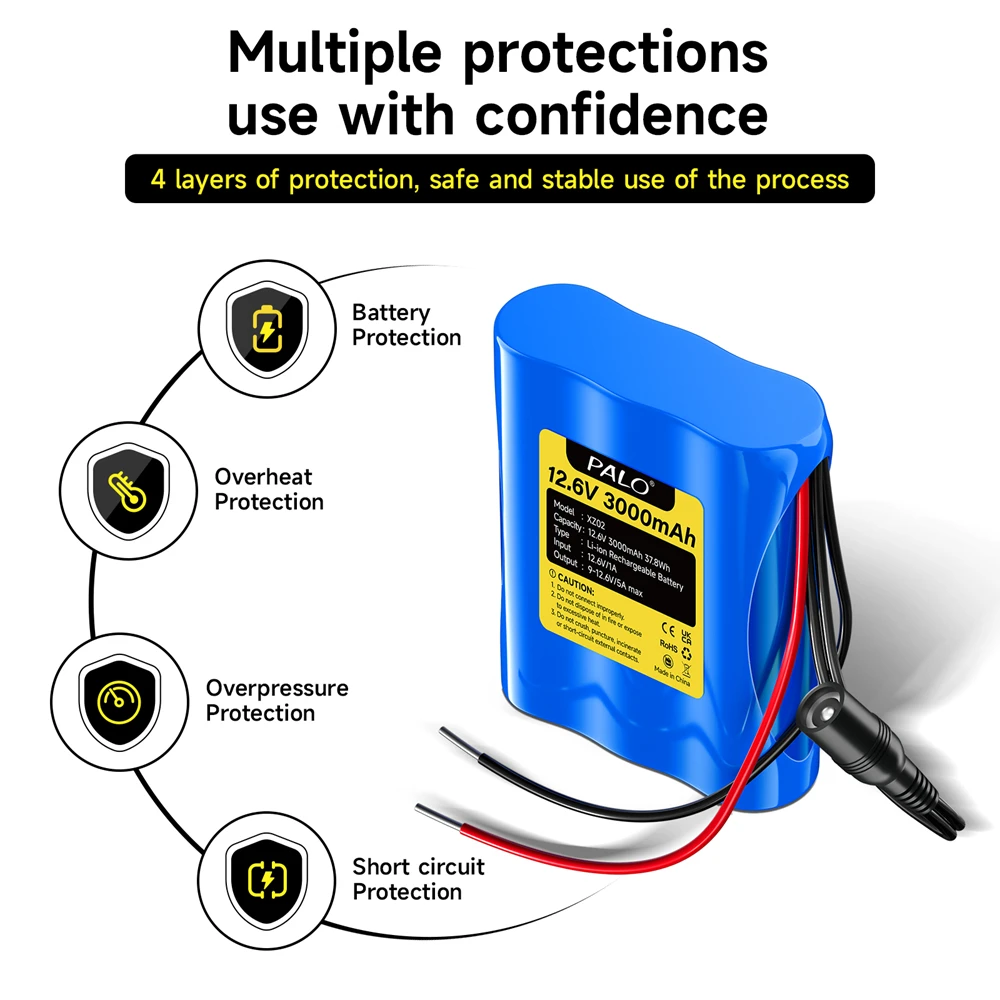 PALO 12.6V 3Ah Rechargeable 3000mAh Lithium Ion Battery Pack with Fast Charging Charger for 12.6V Devices RC Car Boat DIY Robot