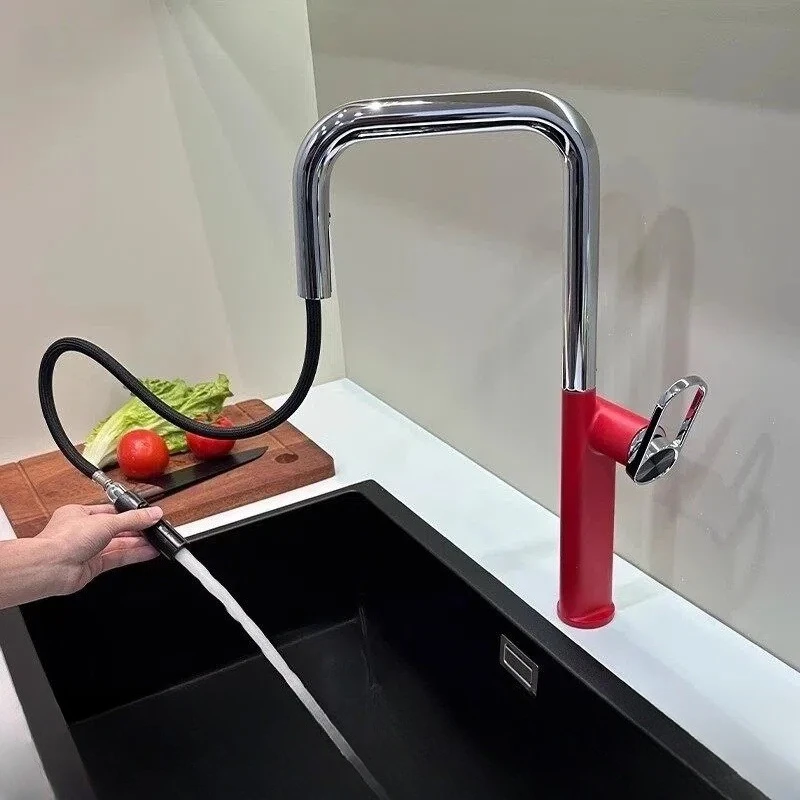 High-End All Brass Pull Out Kitchen Faucet, Telescopic Rotatable Hot Cold Anti-Splash Tap for Household Sink & Dishwasher