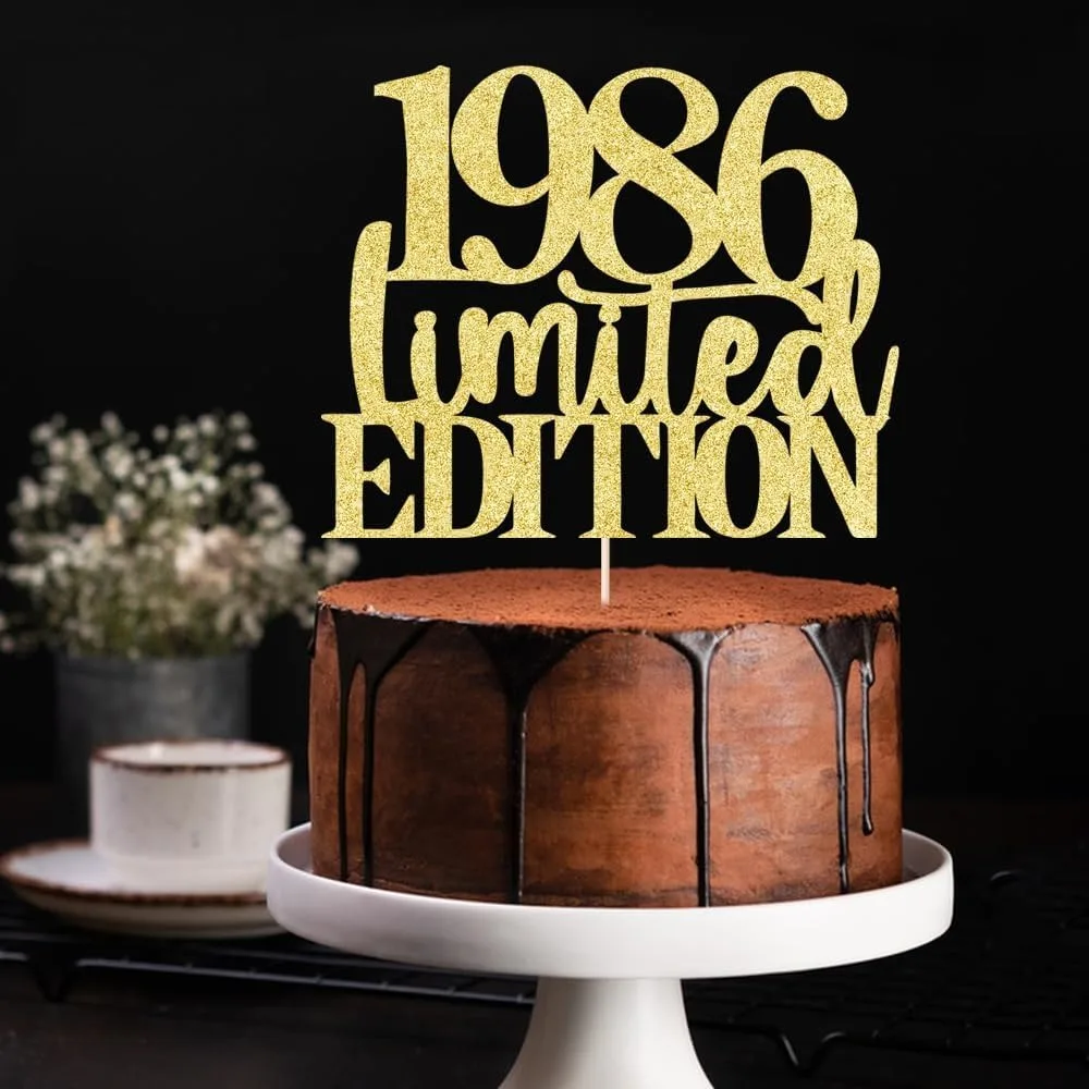 1 Stück 1986 Tortenaufsatz, Prost bis 40 Jahre, goldfarbenes Glitzer-Jubiläumsdekor für Männer und Frauen, handgefertigt – Detail 4