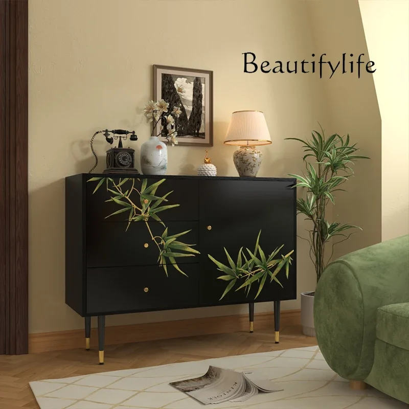 

Chinese hand-painted entrance cabinet, living room entry wall locker, lacquered black dining room decorative cabinet