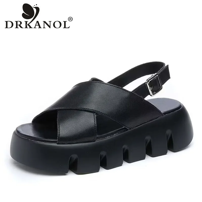 DRKANOL 2024 Fashion Women Sandals Cross Genuine Cow Leather Open Toe Wedges Heel Sandals Ladies Platform Casual Summer Shoes