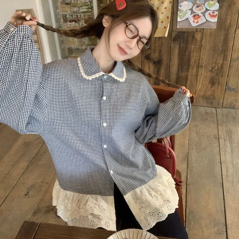 Sweet Plaid Women Shirt Cute Long Sleeve Blue Patchwork Bouse Lace Peter Pan Collar Single Breasted Preppy Style Top