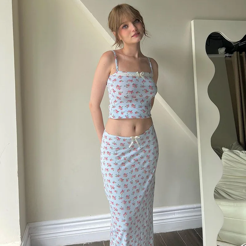 SKMY Summer 2026 New Y2k Clothes Women Fashion Fresh Flower Printed Tank Top Long Skirts Sets Two Peice Outfits Party Clubwear