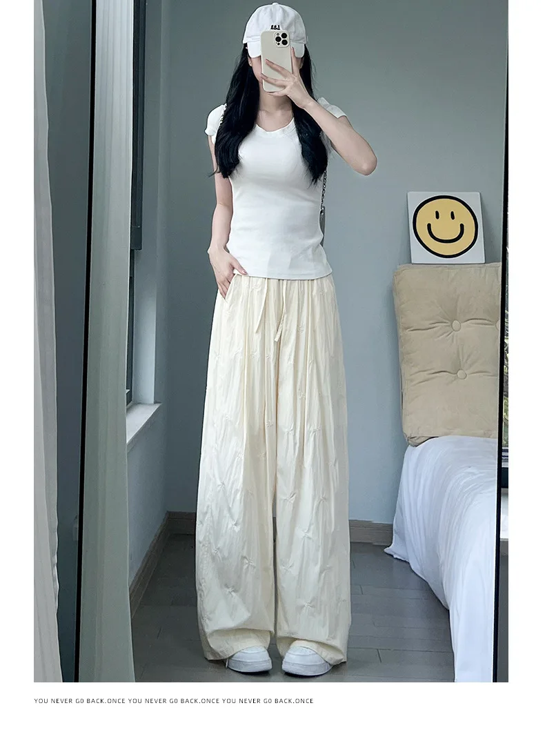 와이드 레그 팬츠 코튼 여성용 가을 클래식 트랙팬츠 세로 주름 성인 미니멀리스트 맞춤형 디테일 바지 하이스트리트 Y2K