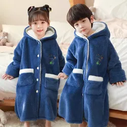 Winter Bathrobe Kids Thicken Warm Flannel Homewear Children Boys Cartoon Bear Nightwear Girls Princess Pink Hooded Button Robes