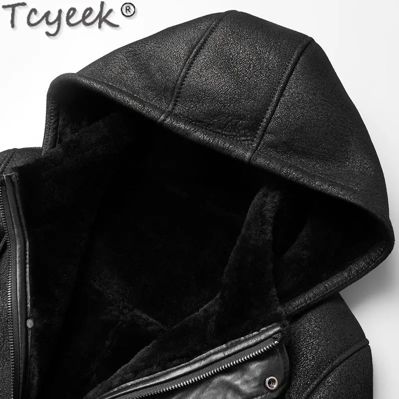 Tcyeek Mid-length Real Fur Coat Male Hooded Genuine Leather Jacket Men Clothes Winter Natural Sheepskin Fur Coats Thick Jaquetas