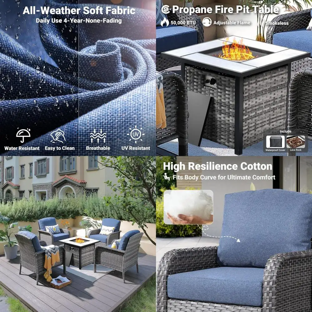 

Комплект садовой мебели из 4 предметов: плетеный стол-очаг (30 дюймов) и удобные подушки цвета деним.