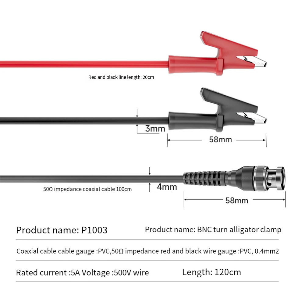 BNC Male Cable BNC Crocodile Clip Cable Testing Setup 500V Voltage 5A Rated Current PVC Coaxial Cable For Oscilloscope