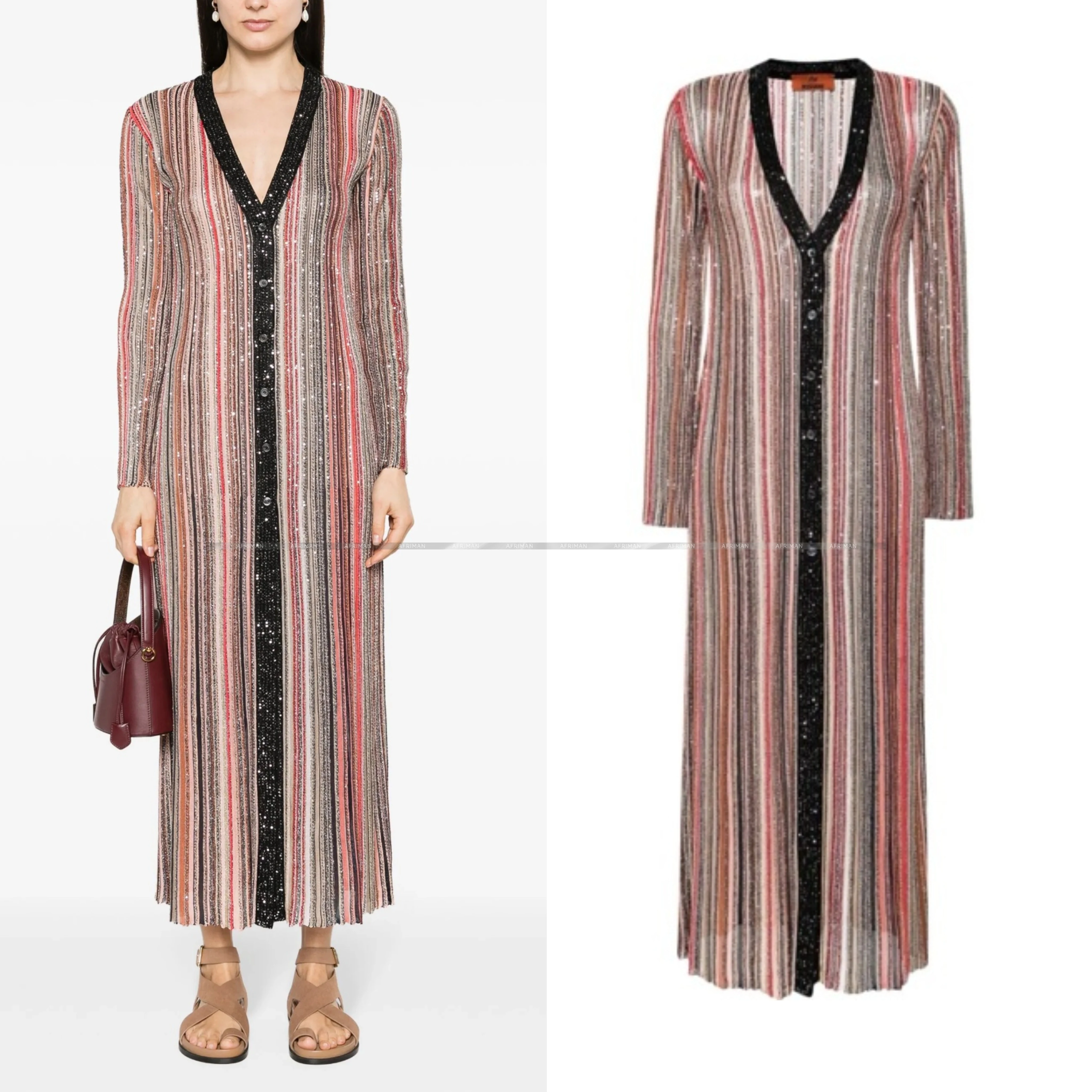 

Women Autumn New V Neck Stripe Sequin Embellished Long Sleeve Single Breasted Long Knit Dress Cardigans