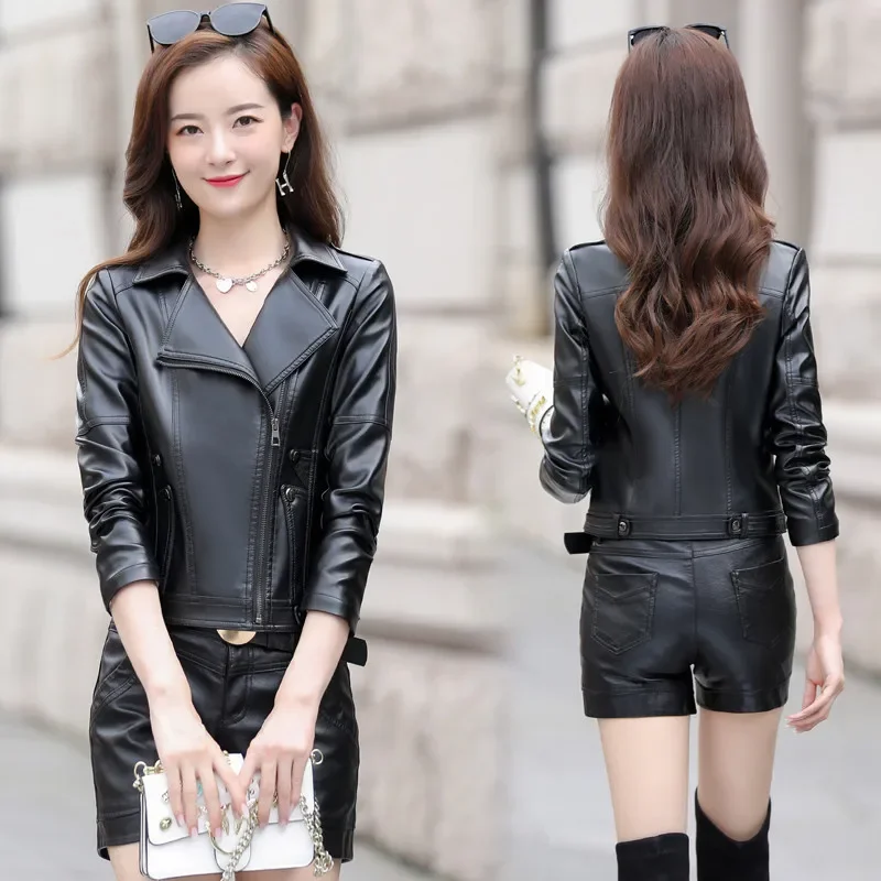 2023 Autumn Fashion Short Leather Jacket Women Clothes Korean Slim Motorcycle Leather Coat Lapel Jackets Women Jaqueta Feminina