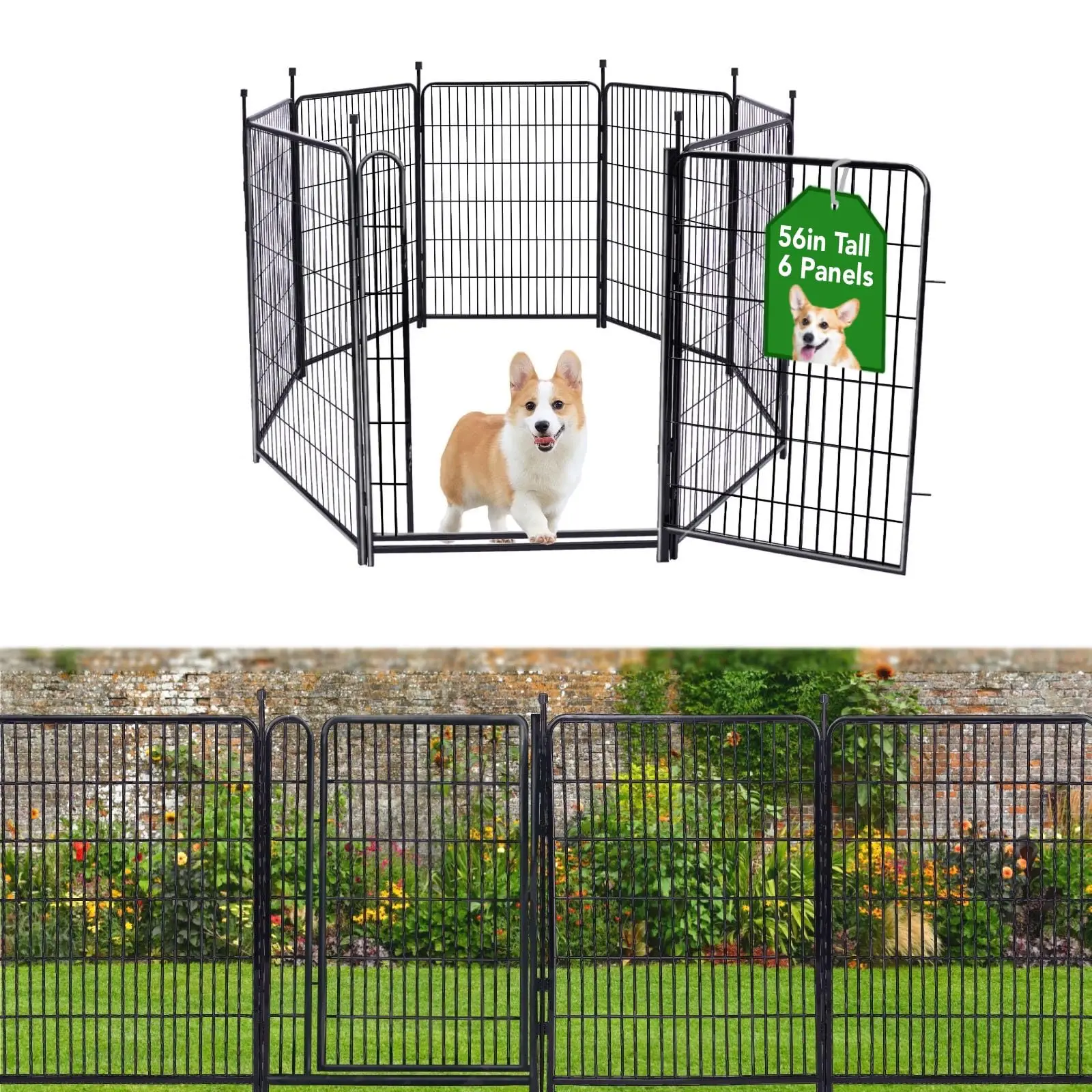 Tall Garden Fences and Borders for Dogs, 56in High Dog Fence, 6 Panels Total 13.3 Ft Long, Gate 21 inches Wide with Low