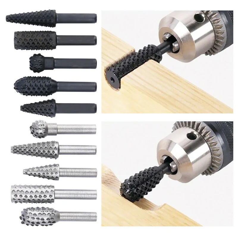 5PCS/10PCS 6mm Shank Rotary Burr Set Wood Rasp File Drill Bits Rotary Rasp Set for Woodworking Rotary File Grinding Head