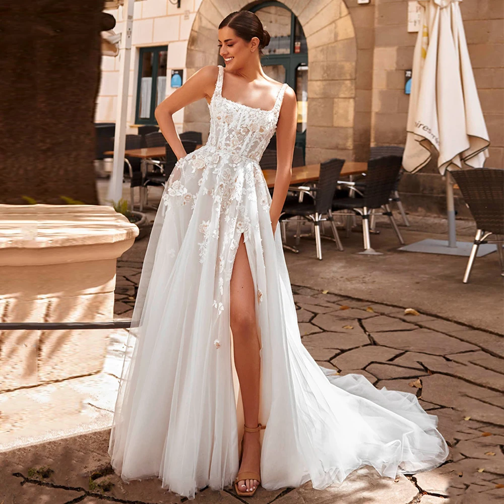 فستان زفاف 2025 مخصص برقبة مربعة بدون أكمام مزين بالخرز على شكل حرف A فستان زفاف بفتحة عالية فساتين العروس