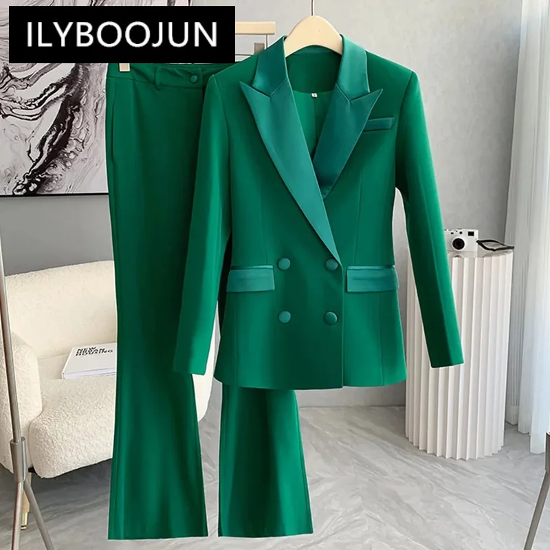 

Blackish Green Blazer Pants Suit Women Set 2024 New Designer Double Breasted Jacket Flare Pants Two Piece Office Female Outfits