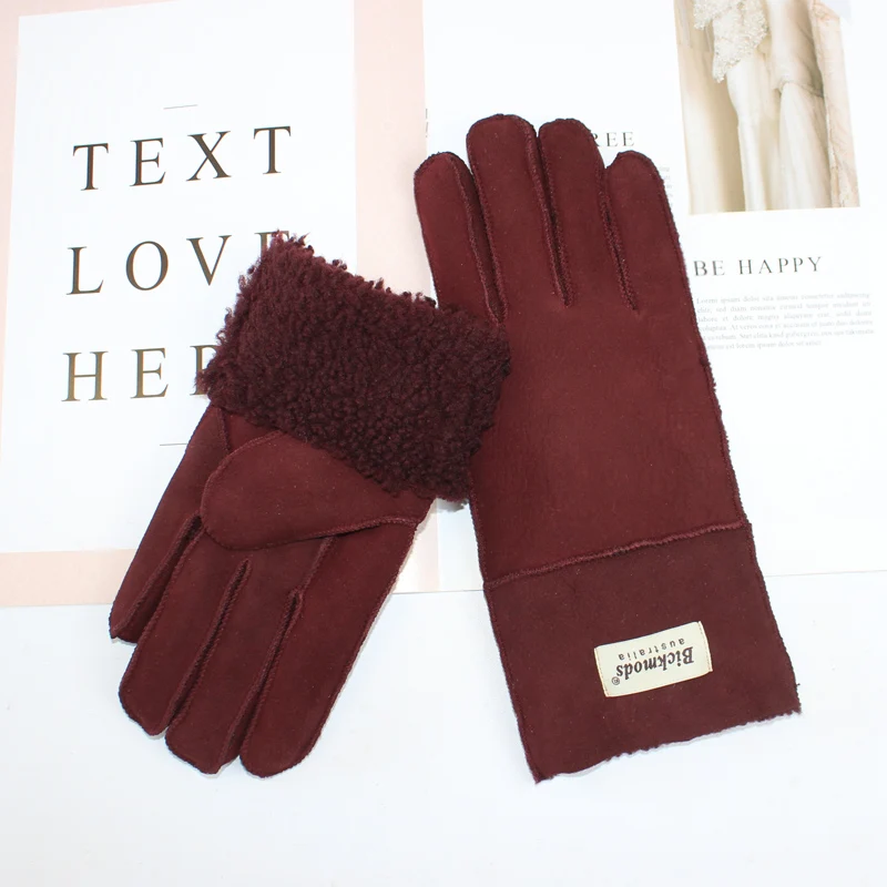 New winter women\'s sheepskin fur gloves Thickened warm wool lining windproof leather driving gloves