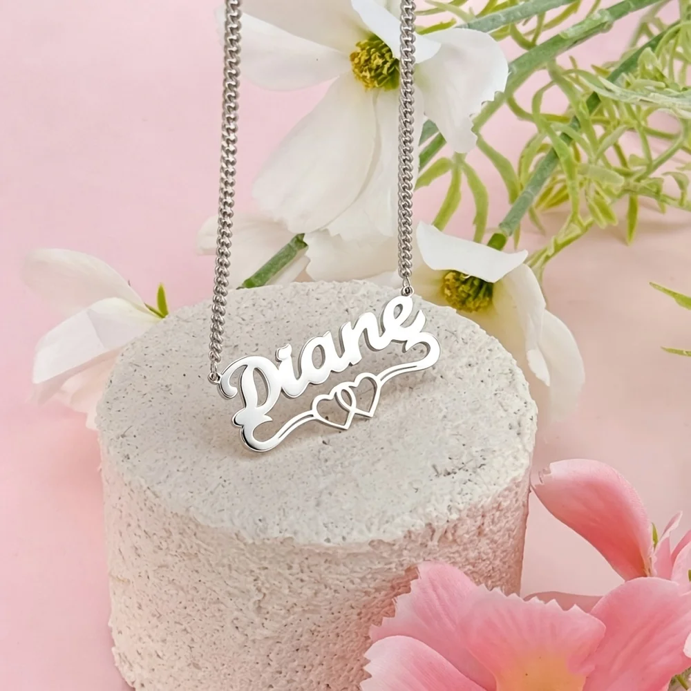 Custom Cursive Name Double Heart Necklace Personalized Script Nameplate Cuban Chain Necklace Women Stainless Steel Jewelry