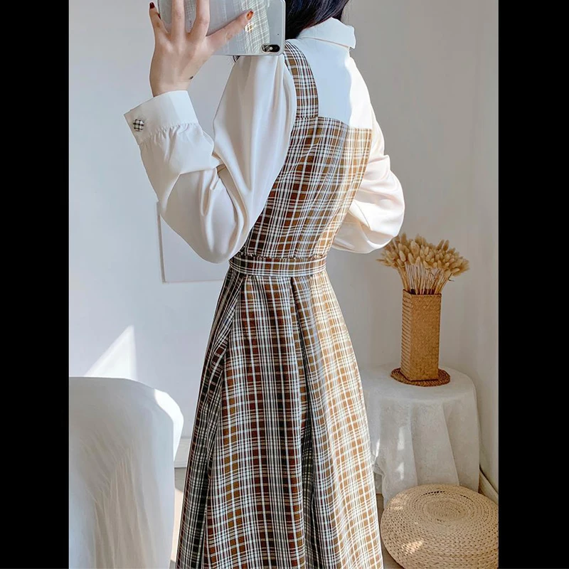 Women Vintage Classic Plaid Patchwork Lace Up Elegant Dresses Spring Autumn Fashion Long Sleeve Slim Fake Two Pieces Midi Dress