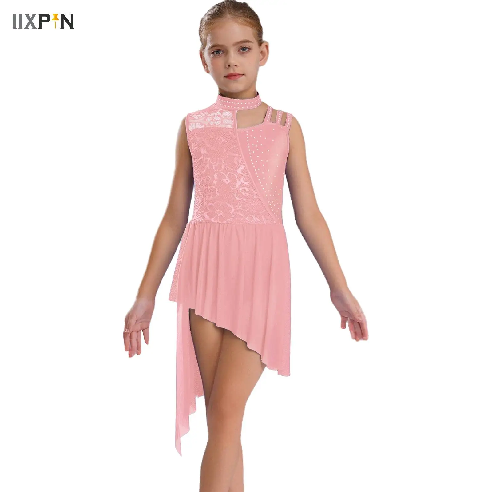 

Kids Girls Gymnastics Jersey Artistic Figure Skating Costume Ballet Lyrical Modern Dance Dress Sparkly Rhinestone Dancewear