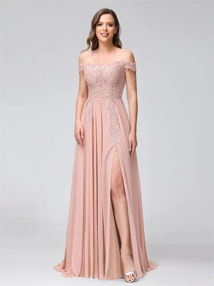 

A-Line Off-The-Shoulder Sleeveless Appliqued Chiffon Long Bridesmaid Dresses With Side Slit Elegant Dresses for Weddings Guest