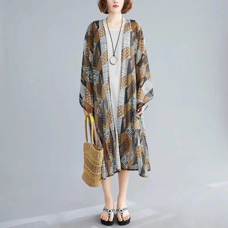 2025 ฤดูใบไม้ผลิ/ฤดูร้อนผู้หญิงขนาดใหญ่Slimmingพิมพ์Beach COVER-Upเสื้อยาว-ครีมกันแดดผ้าคลุมไหล่Tunic TOP G122