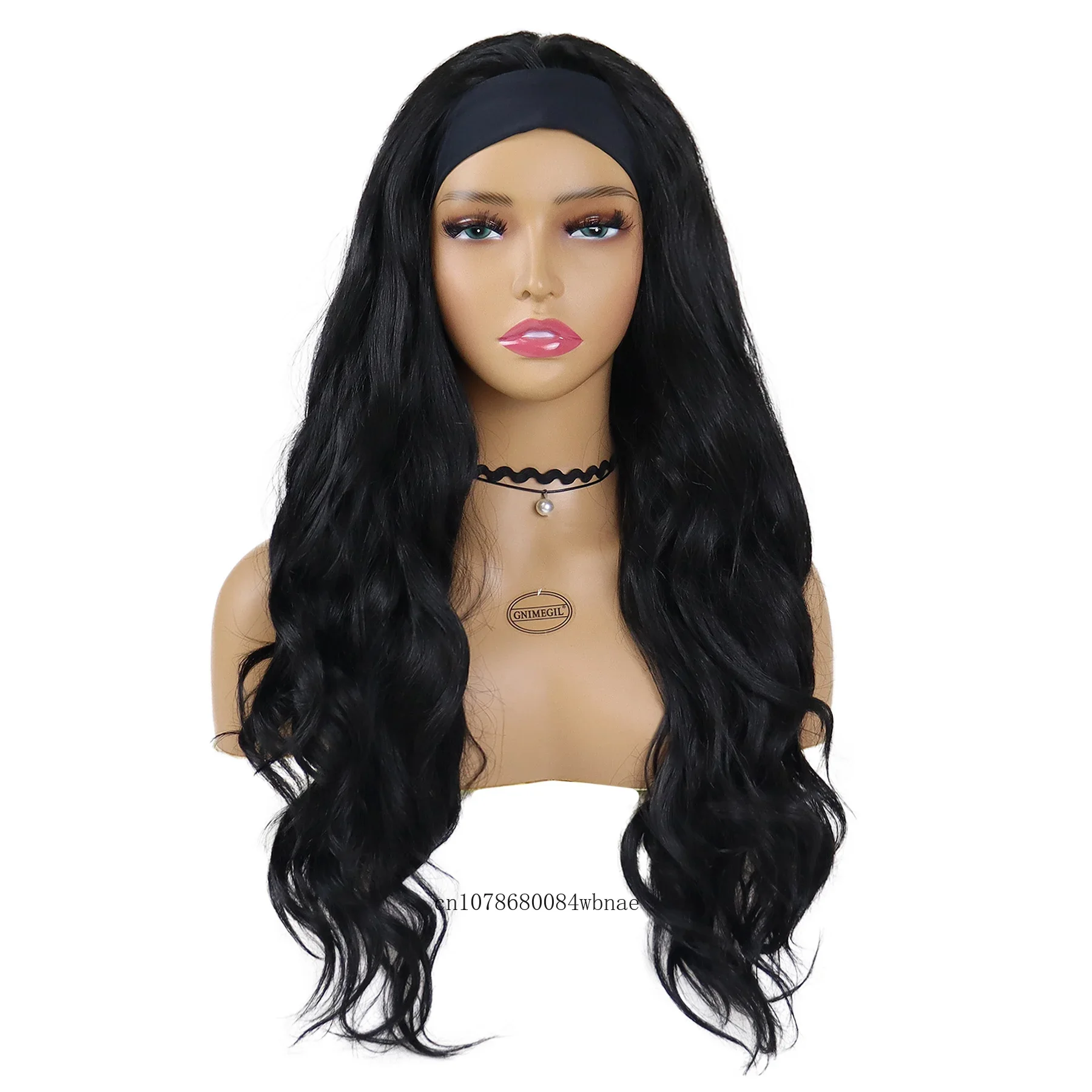 Synthetic Headband Wigs for Women Lady Natural Black Long Curly Scarf Hair Body Wave Wig Fluffy Heat Resistant Daily Cosplay