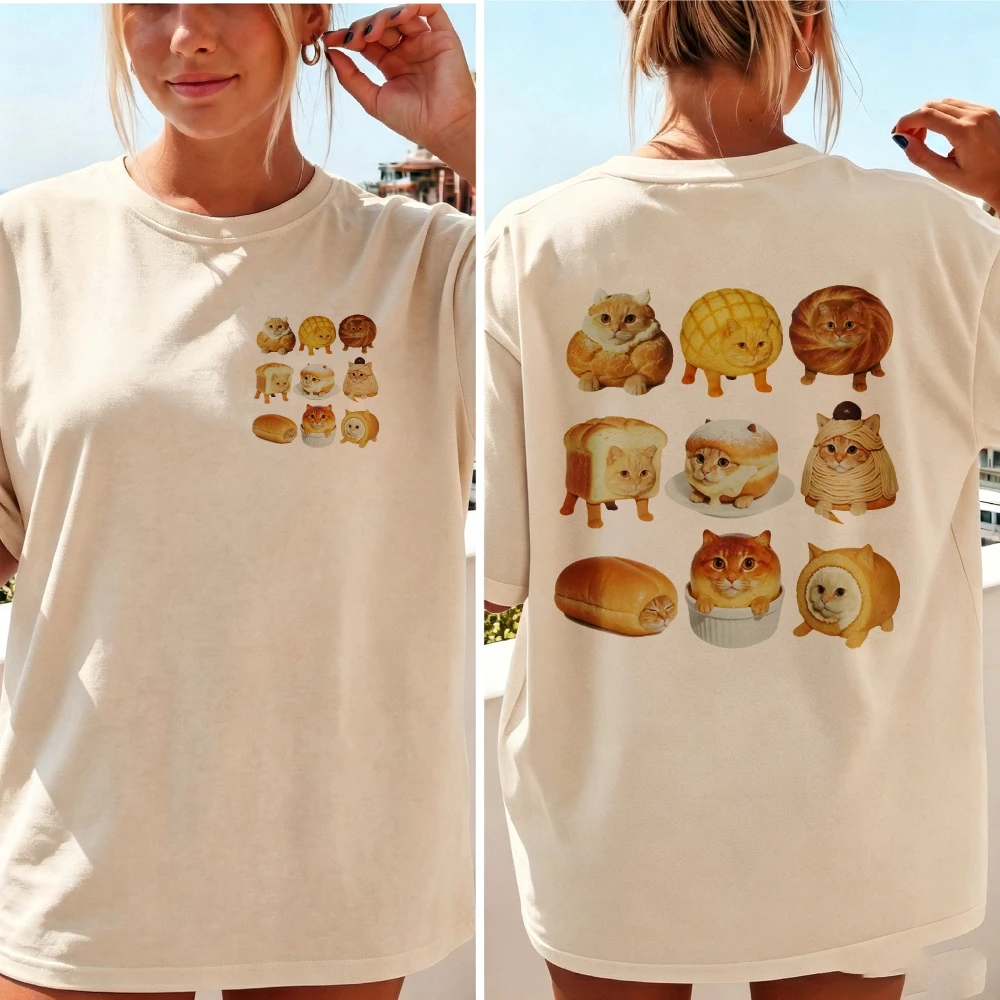Women Bread Shaped Cat 9 Grid Collage Double Sided Print T Shirt Cute Bread Loaf Kitten Funny Food Cat Cotton Pet Lover Casual
