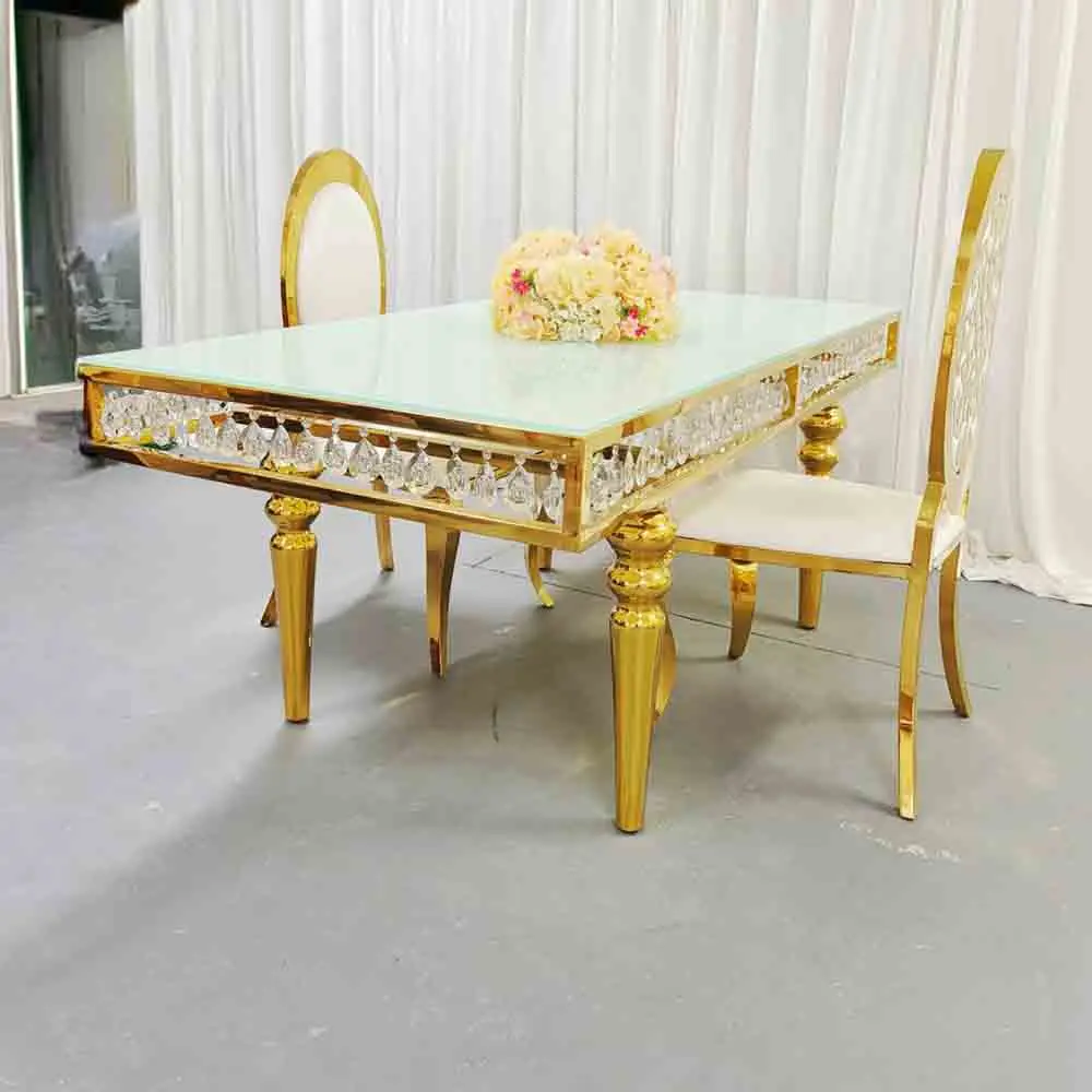 

New Design Glass Wedding Table with Crystal Golden Metal Frame Banquet Dining Table for Event Decorative