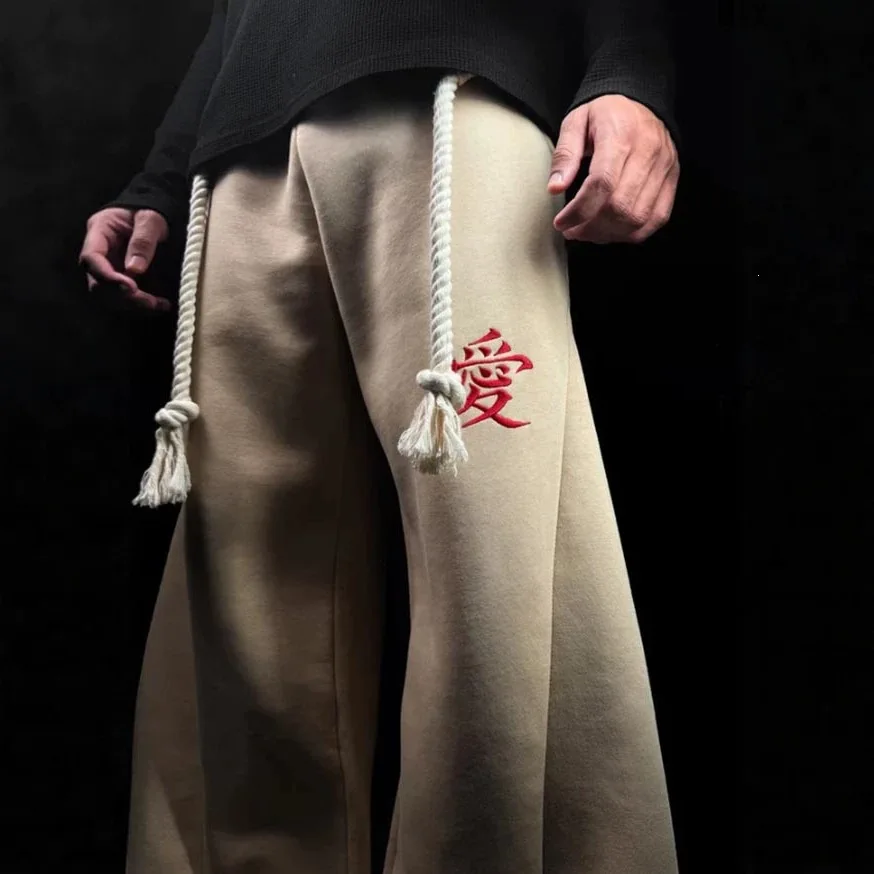 Chinese Character Love Embroidery Sweatpants Thick Rope Drawstring Khaki Loose Streetwear Joggers