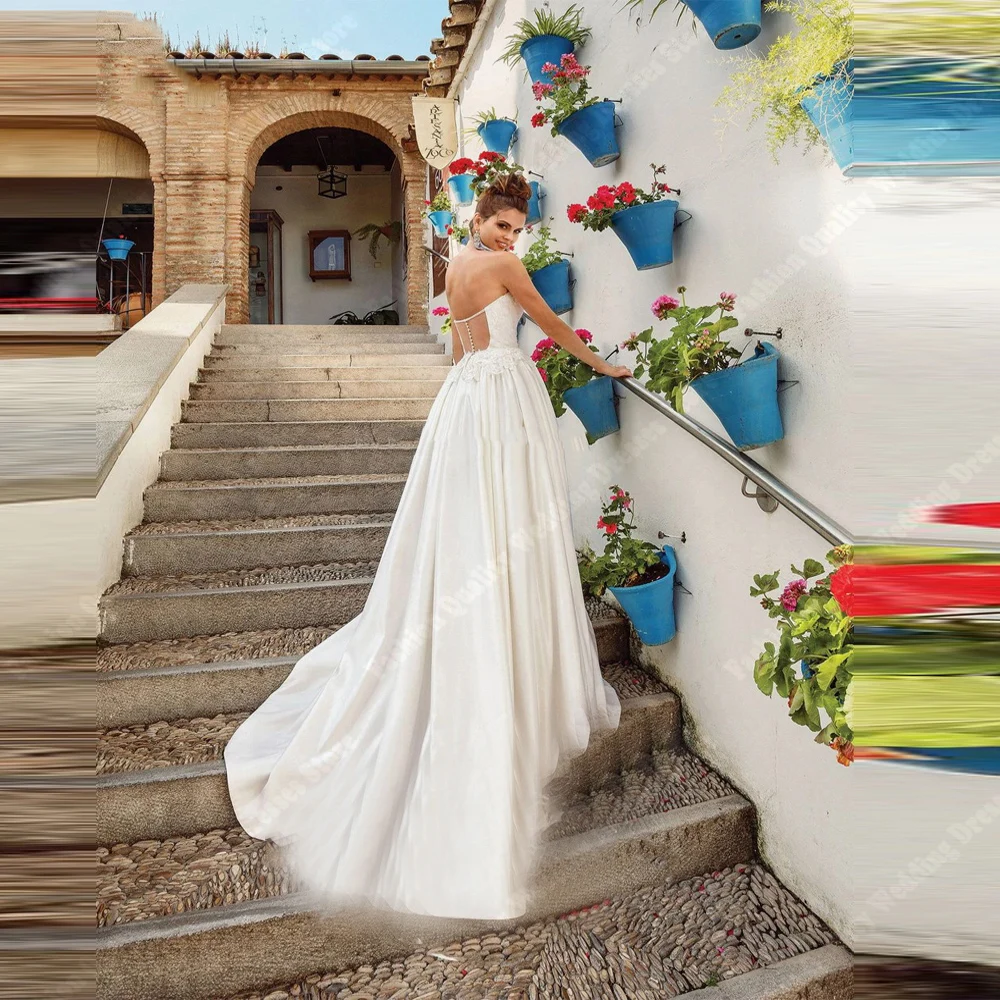 Eleganckie suknie ślubne damskie 2025, błyszczące satynowe suknie ślubne w kształcie litery A, głęboki dekolt w serek, długość do ziemi, damskie Vestido De Noche, szyte na miarę