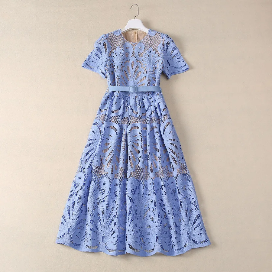 

European and American women's clothing new summer Round neck Short sleeve hollowed-out hook flower Blue Belt Pleated dress XXL