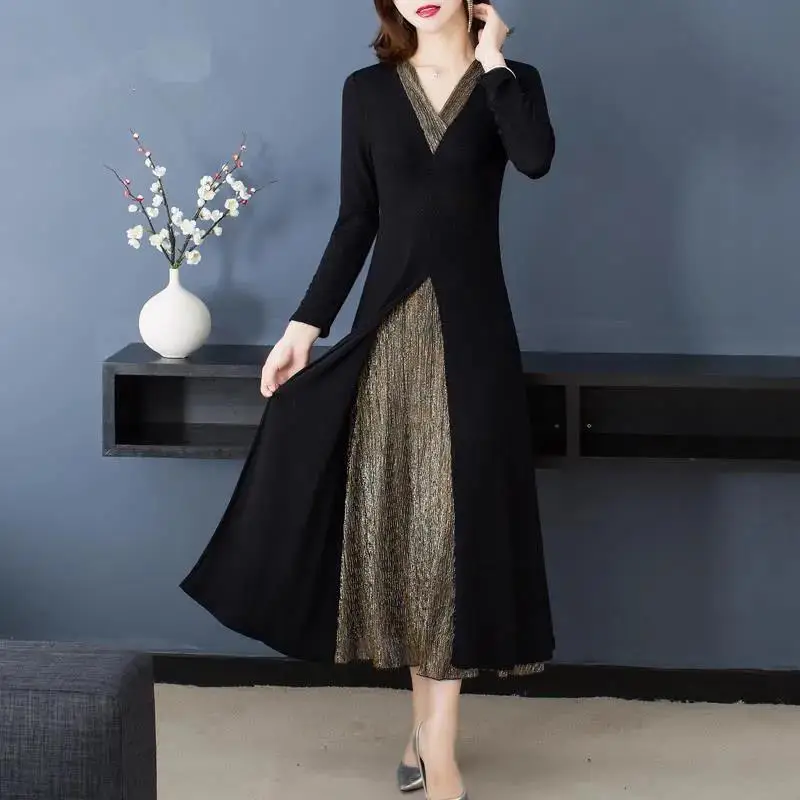 

2024 New Spring and Autumn Fashion Elegant Satindress Long Sleeved High Waist Slim Fit Printed V-neck Panel Women's Long Skirt