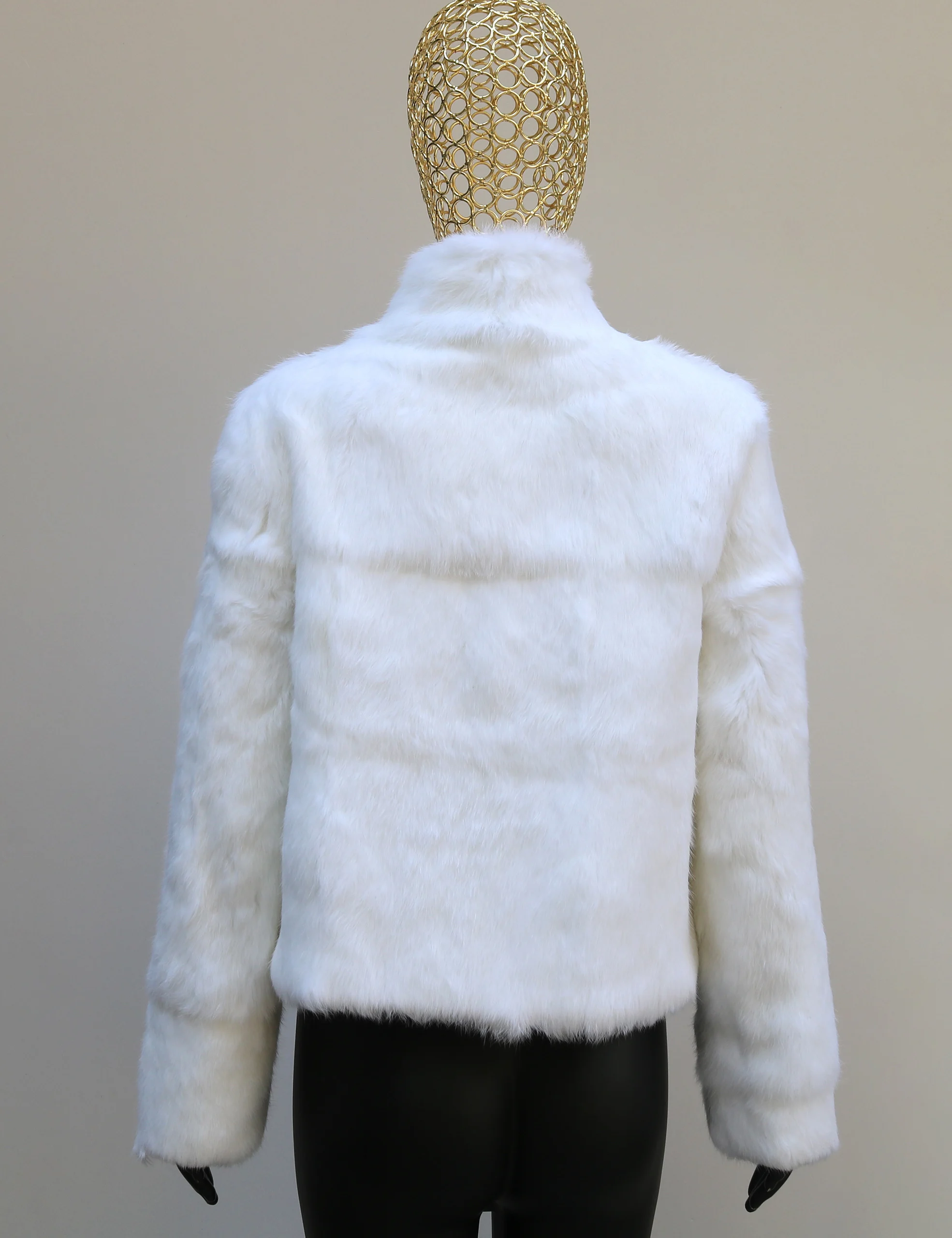 Autumn Winter Women's Real Genuine Rabbit Fur Coat Full Pelt White Rabbit Fur Jacket Long Sleeve Mandarin Collar Outerwear