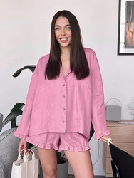 Marthaqiqi Casual Cotton Female Pajama Suit Sexy Turn-Down Collar Sleepwear Long Sleeve Nightwear Ruffle Edge Shorts Nightie Set