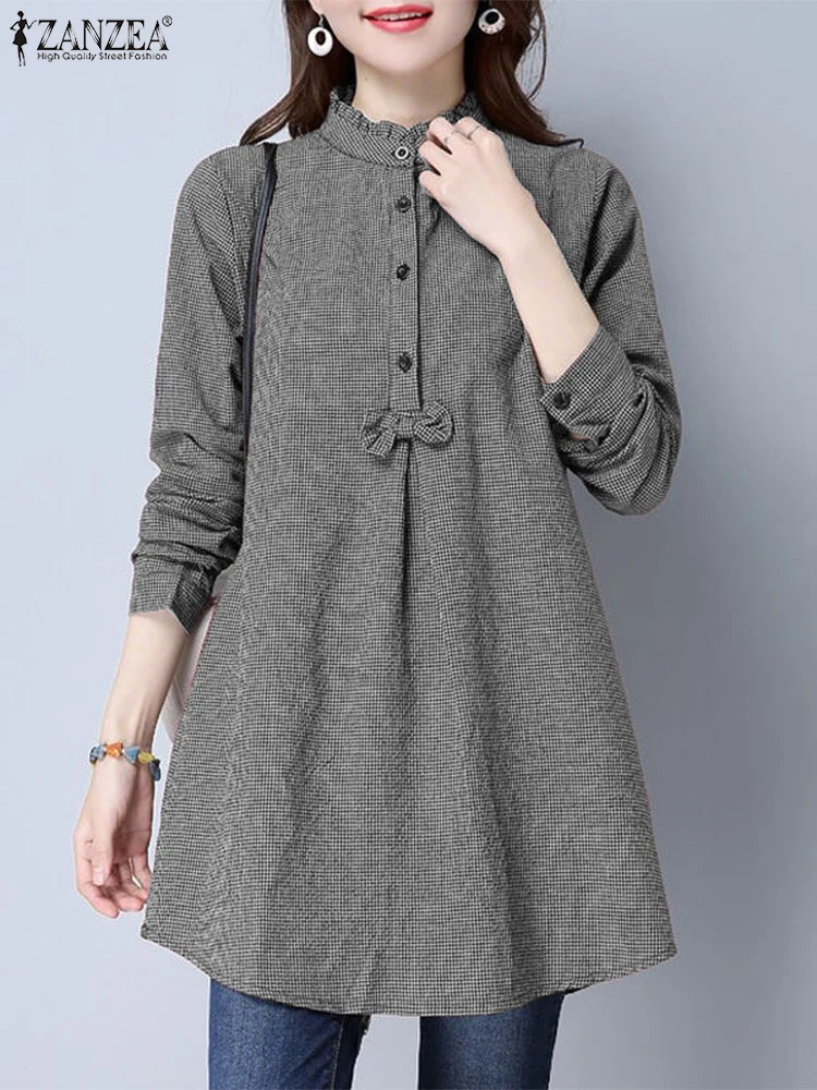 

Autumn Long Sleeve Blouse Casual Loose Tops Fashion Plaid Printed Tunic ZANZEA 2025 Spring Button Bow Elegant Office Work Blusas