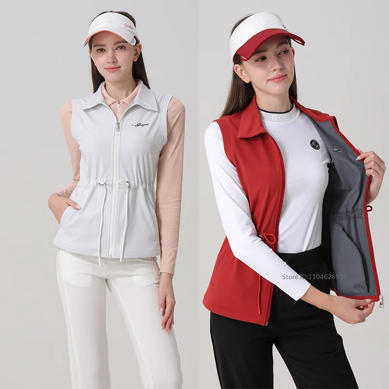 Golfist Women Fleece Warm Golf Vest Sleeveless Windproof Jacket Ladies Drawstring Slim Sports Vest for Golf Leisure Waistcoat