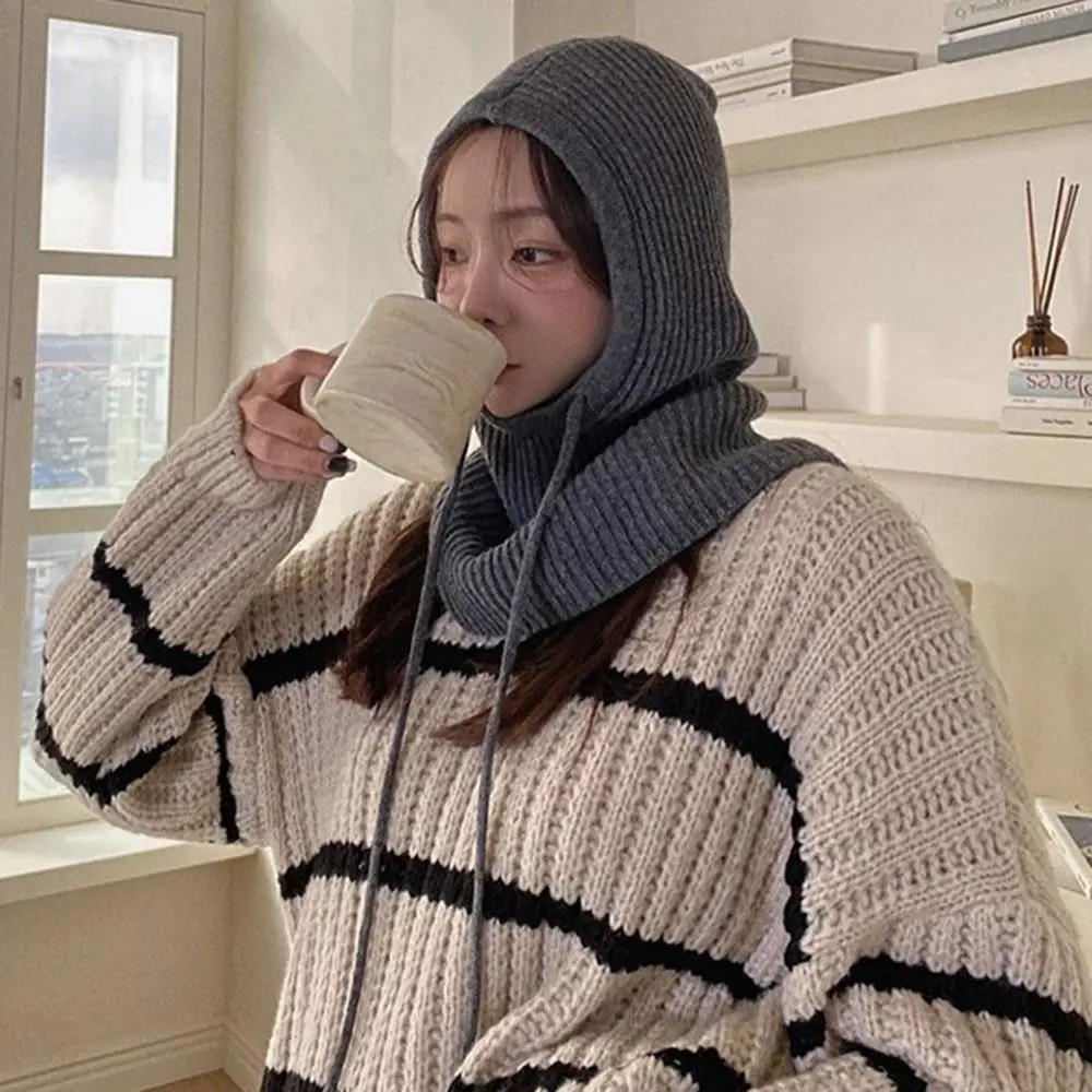 Knitted Soft Women Balaclava Hat Fashion Fake Collar Hooded Hat Neck Collar Warmer Beanies Cap Ear Protection Bonnet Hooded Caps image 3