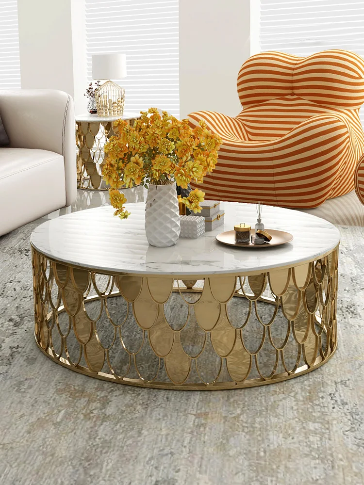 

GY Light Luxury round Marble Coffee Table Small Apartment Stainless Steel Metal Tea Table Modern Simple French Furniture