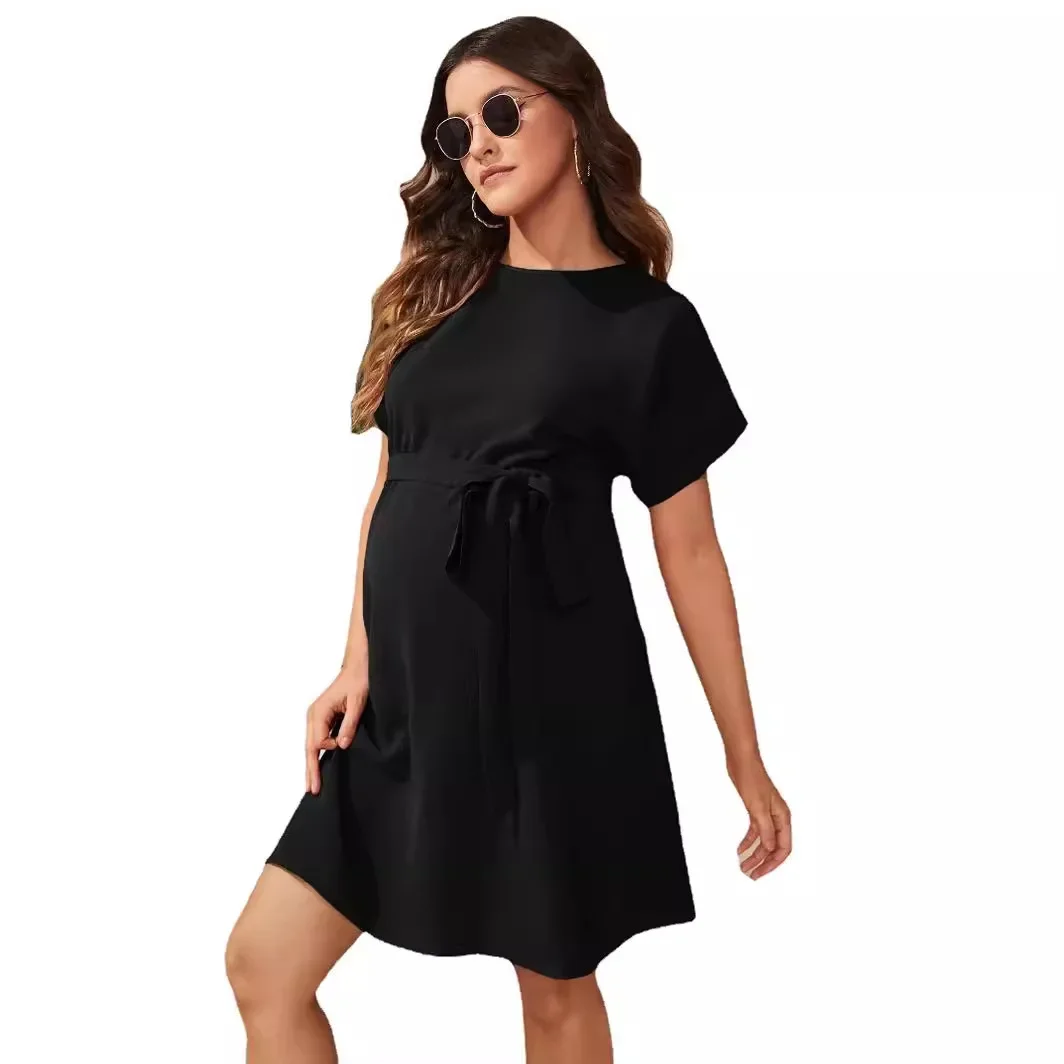 2024 Summer American Fashion Maternity Dress with Bat Sleeves and Waist Cinching Oversize Loose Slim Clothes for Pregnant Women