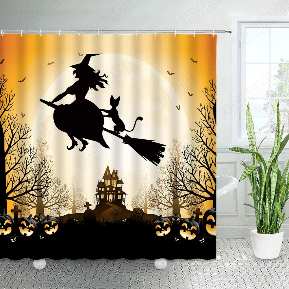 

Horror Halloween Shower Curtain Funny Pumpkin Witch Black Cat Dead Tree Castle Night Scenery Fabric Bathroom Decor Bath Curtains