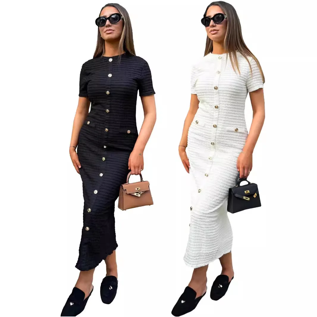 Gestricktes Kleid, einreihig, kurzärmelig, Damenkleider, solide, sexy, schmale Passform, Wickel-Gesäß, gespleißte Knöpfe, knöchellang