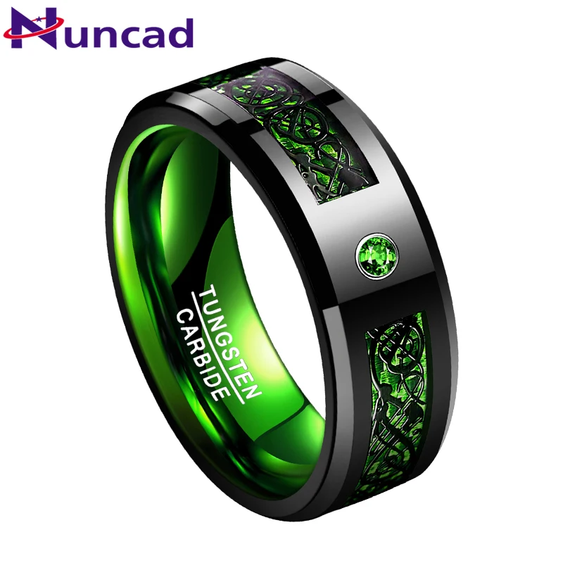 Nuncad 8mm Men's Ring Tungsten Carbide Ring Wedding Band Celtic Dragons Red Green Blue Carbon Fiber Tungsten Ring Comfort Fit